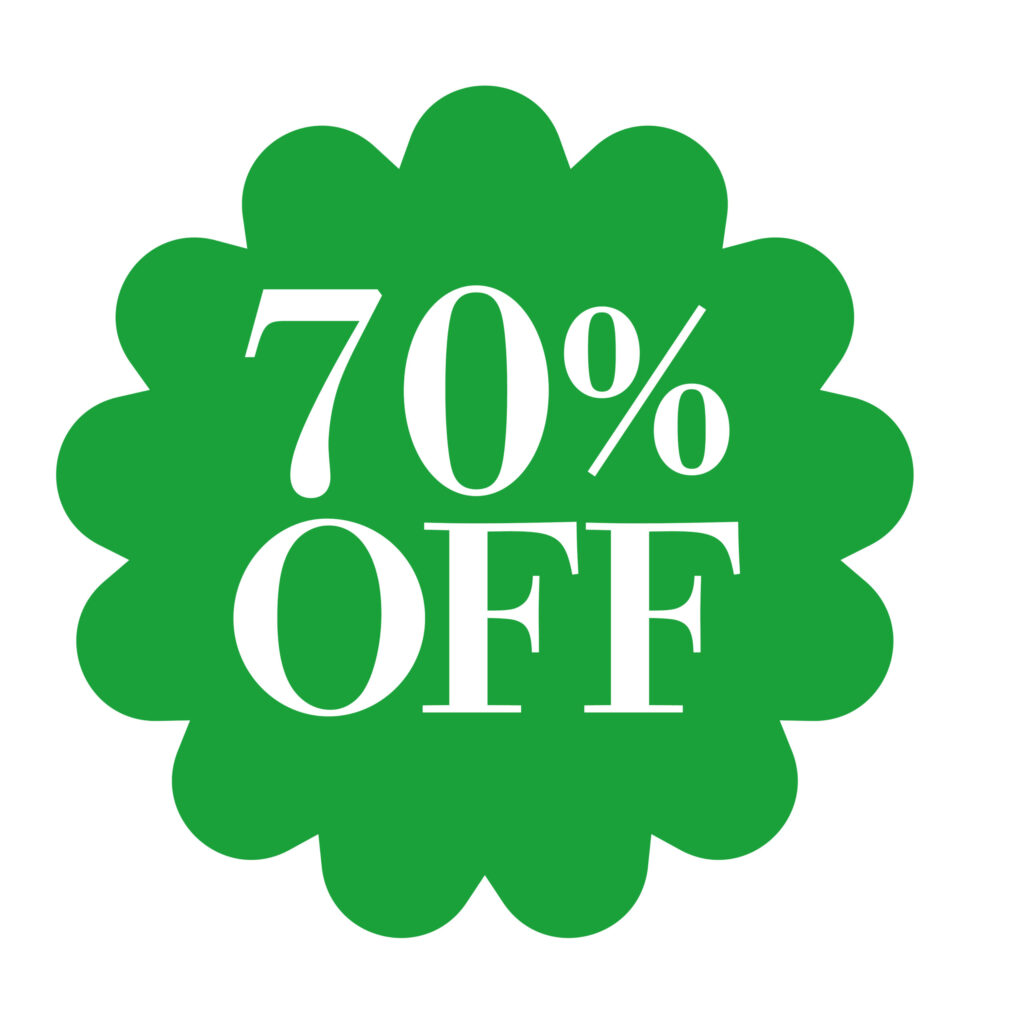 緑色の花形バッジに「70％OF