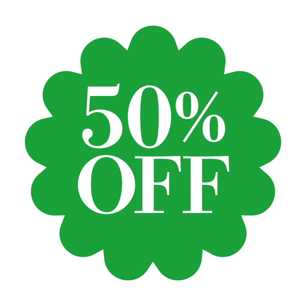 緑色の花形バッジに「50％OF
