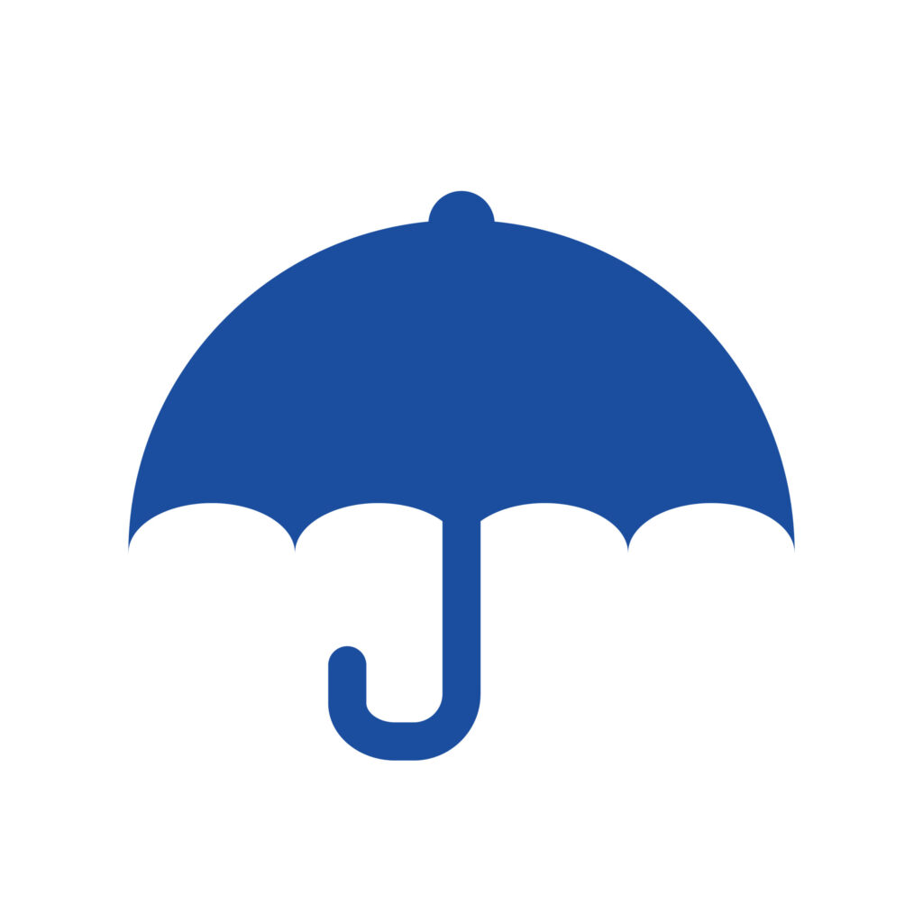 青色のシンプルな傘のアイコンで、フラットデザインのイラストです。 雨や天気関連のデザイン、保険やリスク回避の象徴、UI/UXのアイコン素材、Webデザイン・アプ