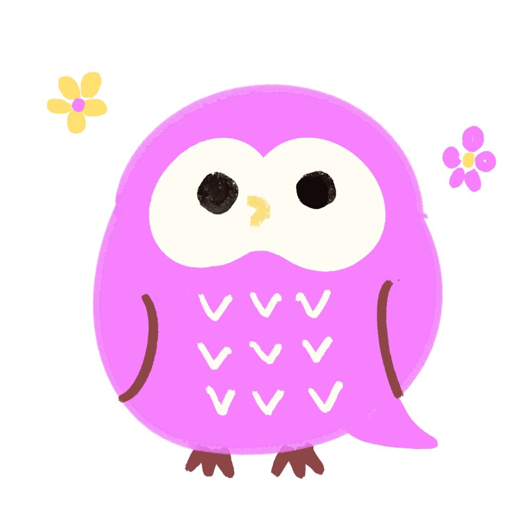 ピンク色のかわいらしいフクロウ（ふくろう）をモチーフにした手描き風の動物キャラクターイラストです。背景は白、装飾として小さな花を描きました。 春・子供・教育・癒