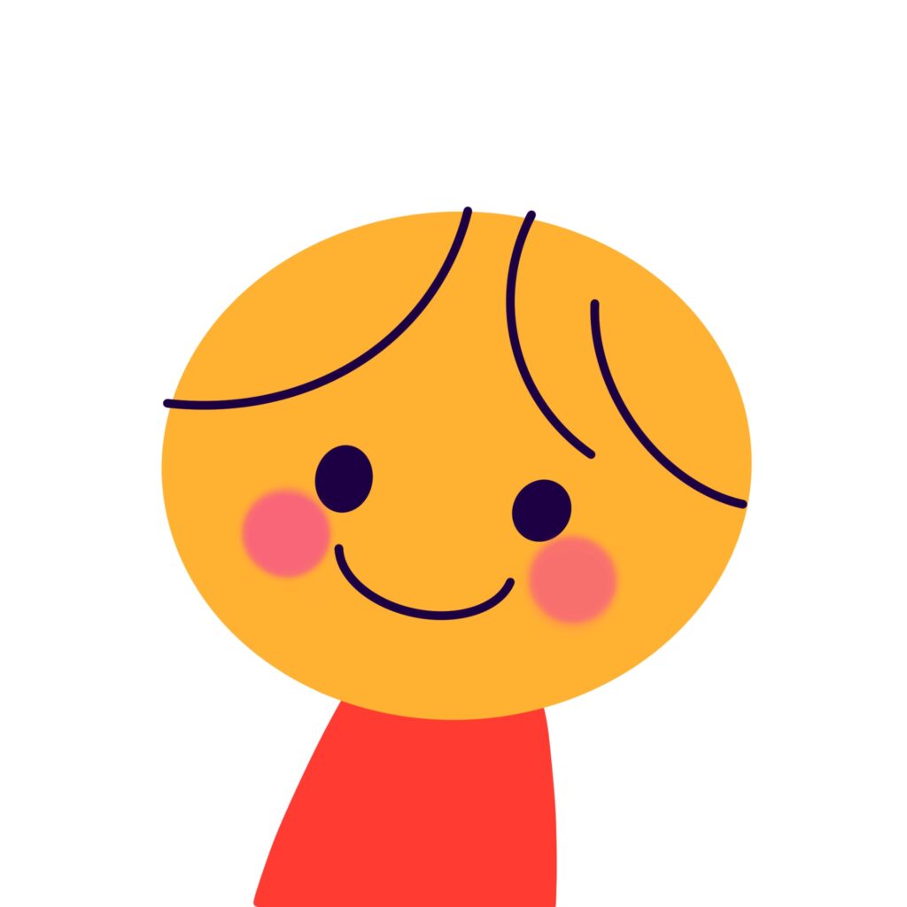 にっこり笑顔の子どものキャラクターイラストです。 ンプルでポップな色使い・太い線・ミニマルな構図が特徴的で、教育・保育・SNS・スタンプ素材などで使いやすい素材