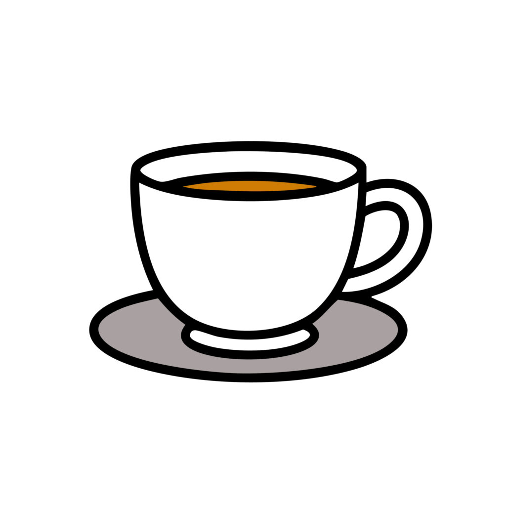 白いカップに注がれた温かい飲み物を描いたイラストです。やさしい色合いとシンプルな線で、ほっと一息つくティータイムの落ち着いた雰囲気を感じさせます。 ぜひお使いく