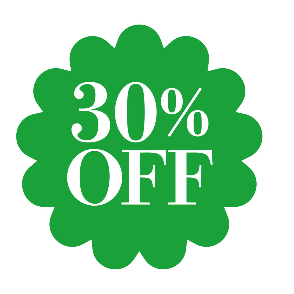 緑色の花形バッジに「30％OF