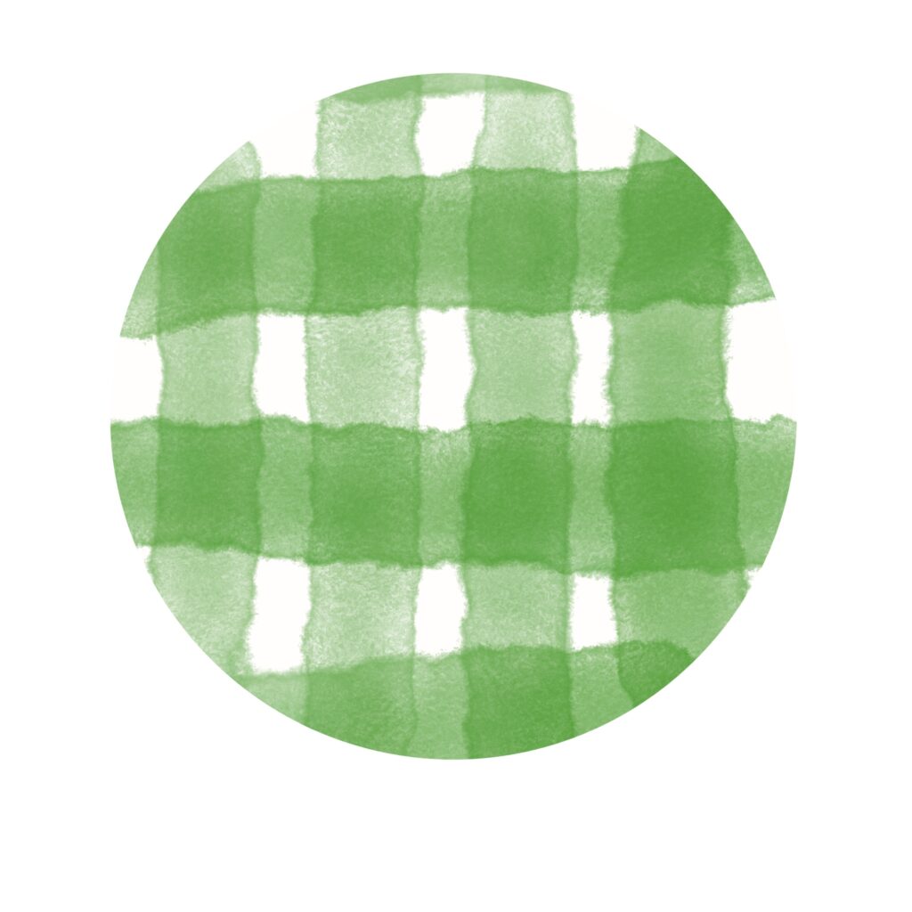 緑と白のチェック柄を水彩風に描いた円形のパターンデザインです。やわらかなタッチが特徴で、ナチュラル・カントリー・北欧風・手作り感・春夏の雰囲気を持つ背景素材やフ