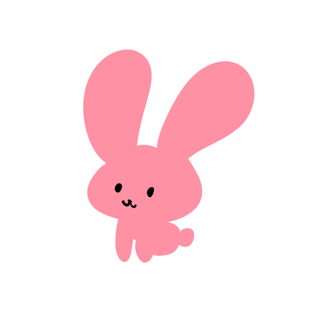 大きな耳とかわいい表情が特徴のピンクのうさぎキャラクターのイラスト。子供向けコンテンツや、かわいい系のデザイン、マスコット、グリーティングカードにぴったりです。