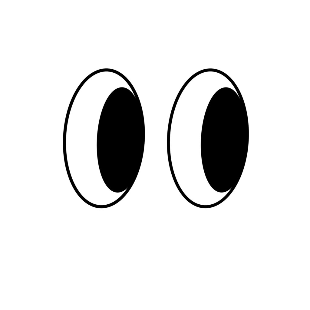 黒い瞳が大きく描かれた「目」のイラストです。 このような目玉イラストは、注目・視線・見る・観察・驚き・好奇心・コミカル表現など、様々なシーンで使用される汎用性の