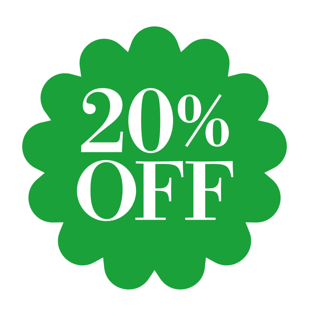 緑色の花形バッジに「20％OFF」と書かれたセールラベルです。シンプルで見やすいデザインのため、チラシ・ECサイト・バナー・SNS投稿などの割引表示やキャンペー