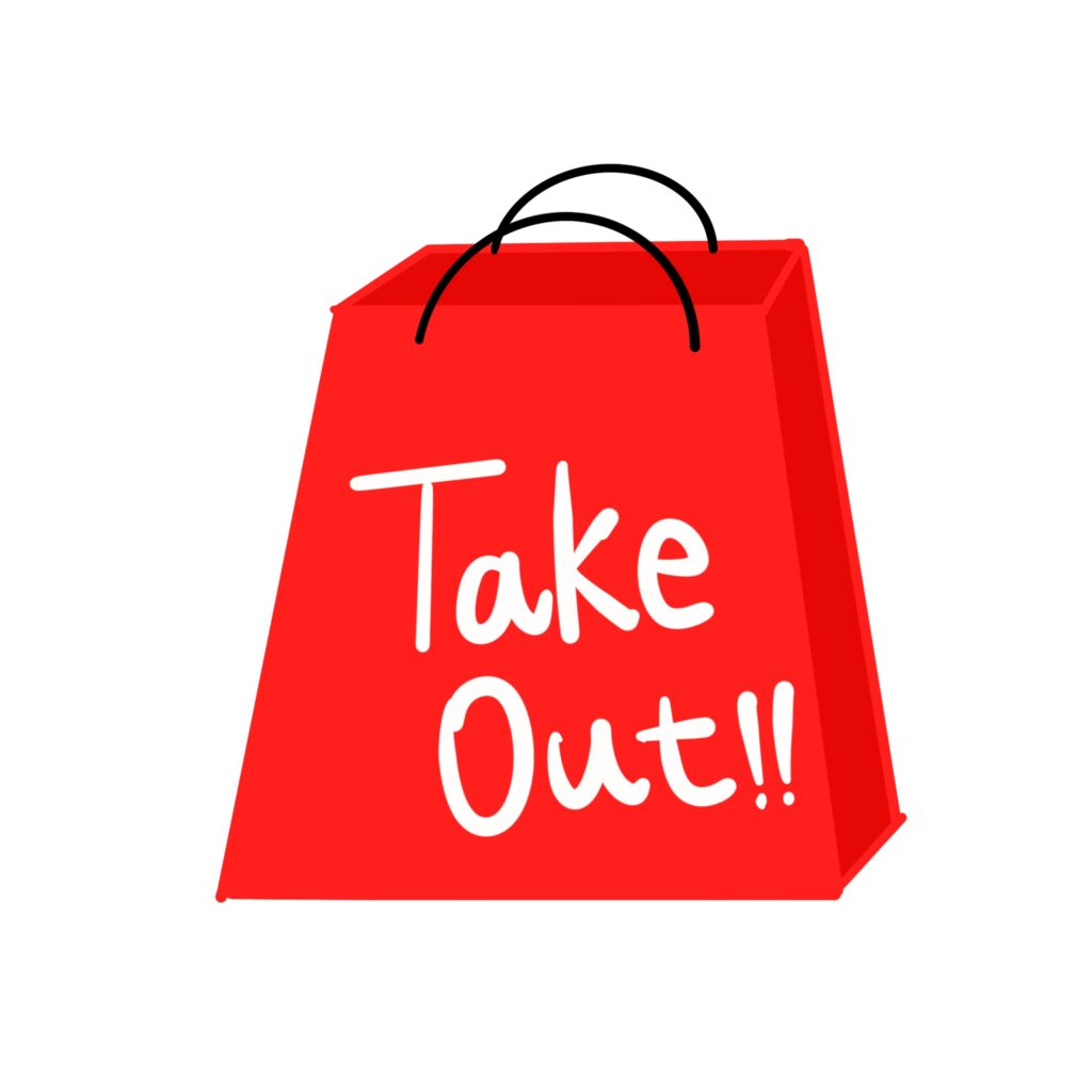「Take Out!!」の文字が書かれた赤いテイクアウト用の紙袋をモチーフにした、ポップで目立つイラストです。 飲食店やカフェ、フードデリバリー、テイクアウト対