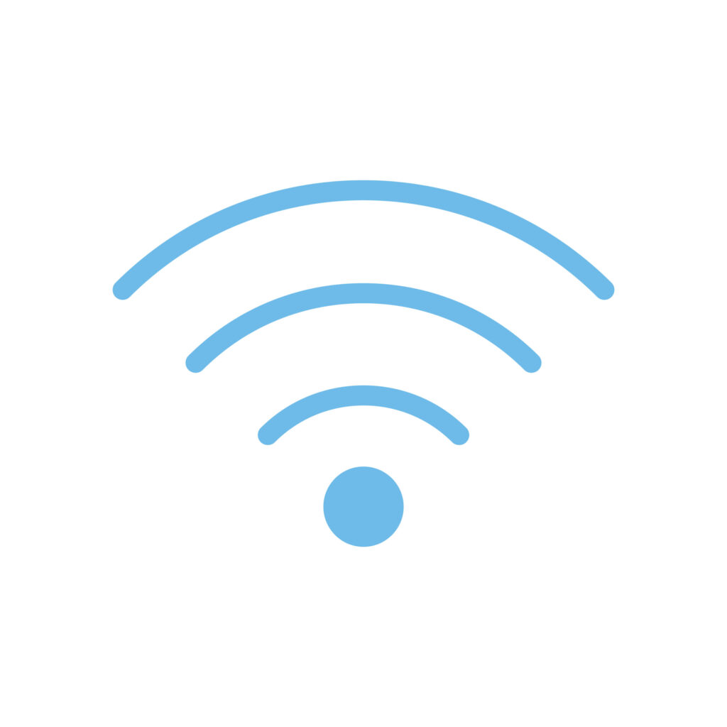 白背景に水色で描かれたWi-Fi（ワイファイ）アイコンのイラストです。 通信・インターネット接続を象徴するシンプルかつ汎用的なデザインです。 通信・ネットワーク