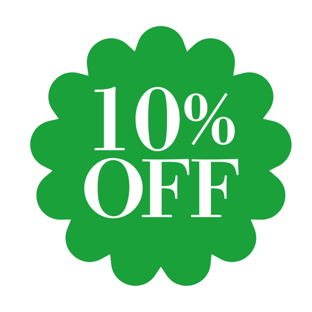 緑色の花形バッジに「10％OFF」と書かれたセールラベルです。シンプルで見やすいデザインのため、チラシ・ECサイト・バナー・SNS投稿などの割引表示やキャンペー