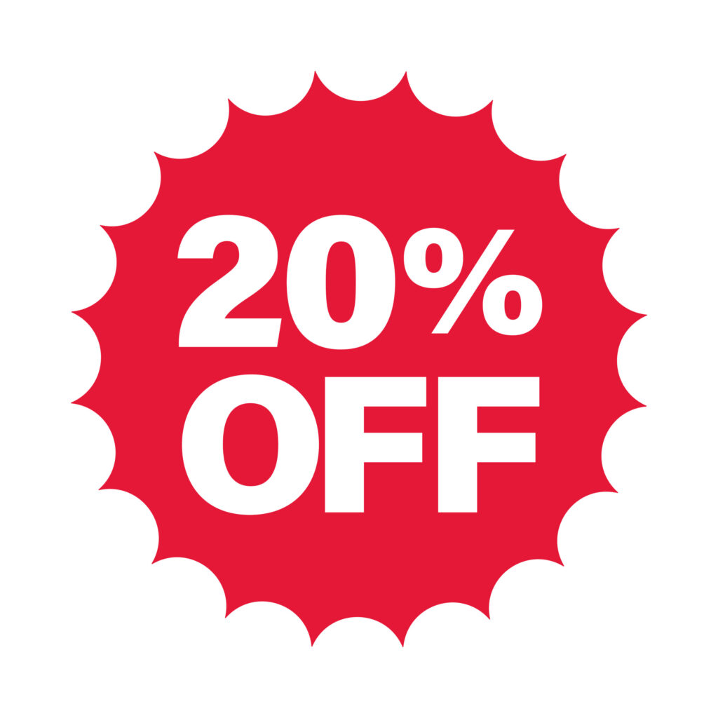 赤い丸型バッジに「20% OFF」と太字で表示されたシンプルな割引表示アイコン。 セールやキャンペーン、プロモーション、店舗POPやECサイトのバナーなど幅広い