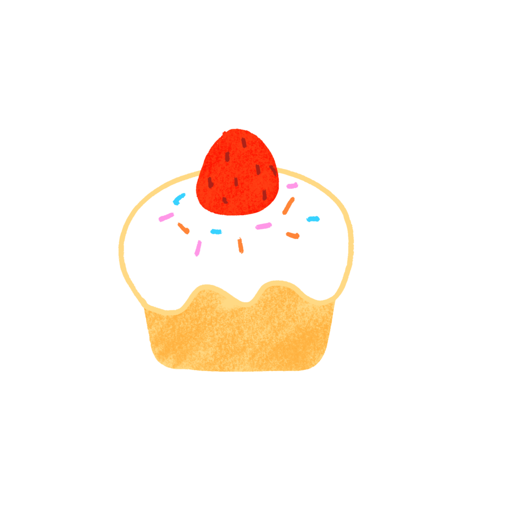 白いクリームとカラフルなスプリンクルがのった、いちごカップケーキのかわいい手描き風イラスト。スイーツやデザート、誕生日パーティー、子供向けデザインに使用するのに