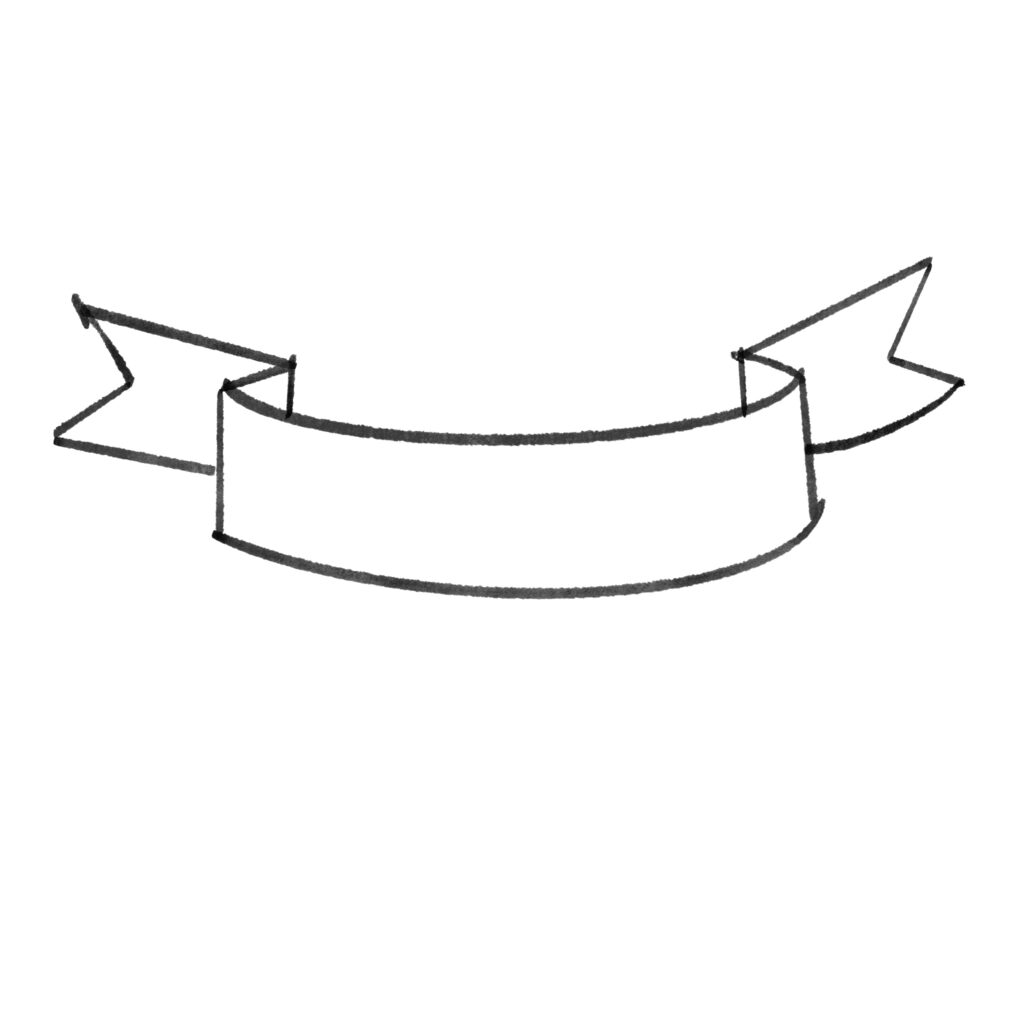 手描き風の黒い線で描かれたリボンバナーのイラストです。ナチュラルでやさしい雰囲気のデザインで、タイトルやメッセージ、見出し部分の装飾に使いやすい素材です。 シン