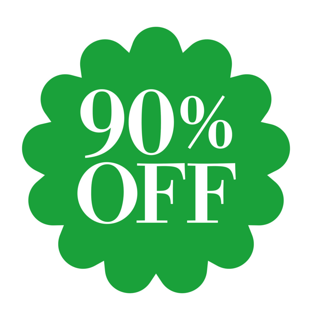 緑色の花形バッジに「90％OF