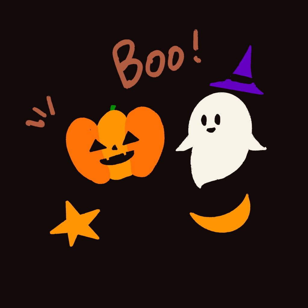 ジャック・オー・ランタン（かぼちゃ）、おばけ、魔女帽子、月、星、&quot;Boo!&quot;の文字がセットになった、ポップでかわいいハロウィン素材です。 子