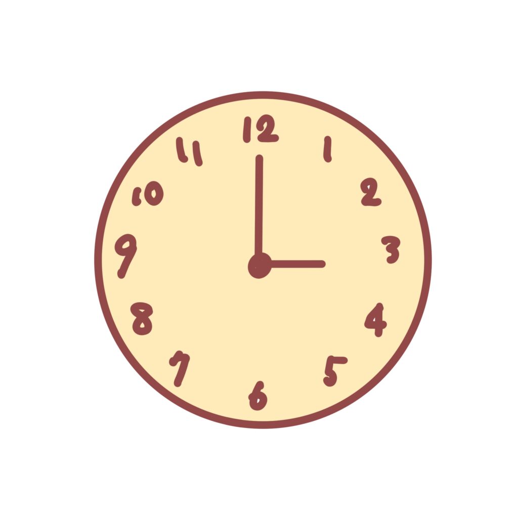 午後3時（15時）を示すアナログ時計のイラストです。 柔らかい手描き風のタッチで描きました。 教育・学習教材（時計の読み方練習）、幼児・小学生向けの知育コンテン