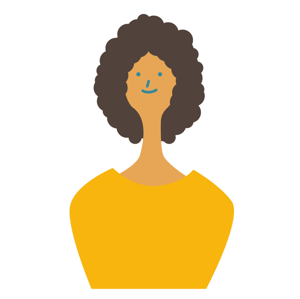 シンプルでフラットなデザインの女性の人物イラストです。 カーリーヘアで笑顔の女性です。全体的に温かみのある色使いで、親しみやすく、プレゼン資料やWebサイトのプ
