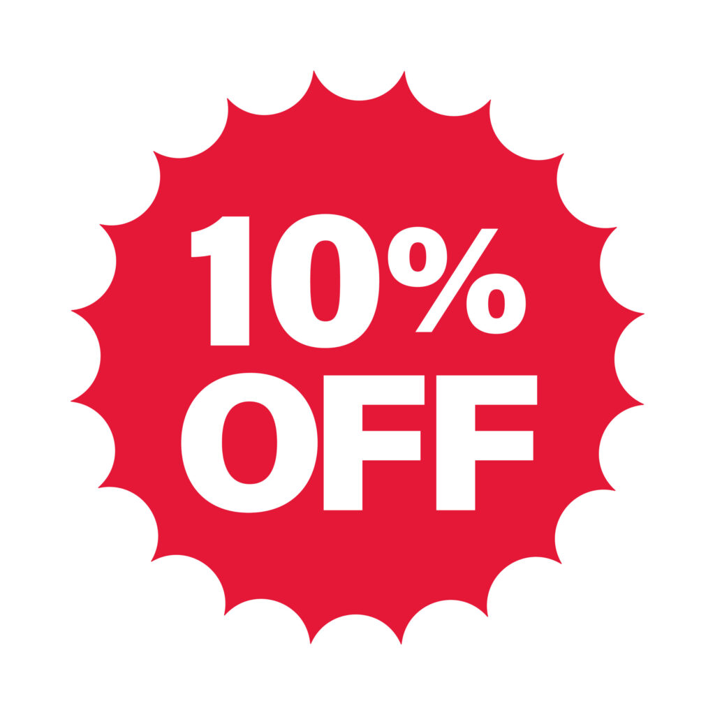 赤い丸型バッジに「10% OFF」と太字で表示されたシンプルな割引表示アイコン。セールやキャンペーン、プロモーション、店舗POPやECサイトのバナーなど幅広い販
