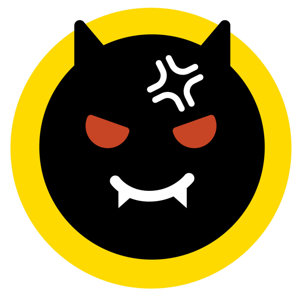 このアイコンは「怒り」「敵意」「危険」「悪意」「警告」ネガティブで強い感情や状況を表現しています。警告メッセージや、悪役・敵キャラクターとしてご利用くださいね。