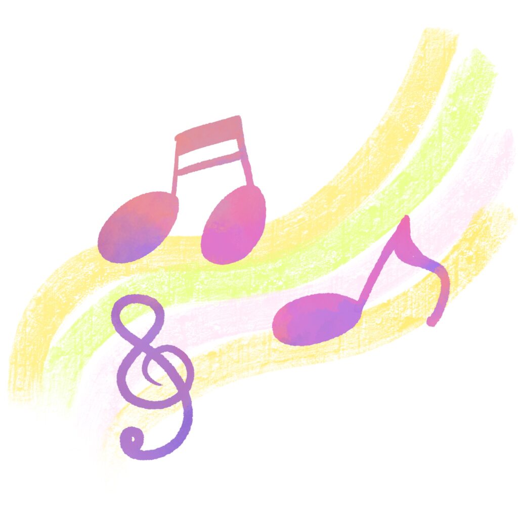 カラフルなクレヨンタッチの音符とト音記号のイラストです。 背景には黄色・緑・ピンクの優しい曲線が描かれており、音楽の楽しさや軽やかさ、リズム感、創造性を表現して