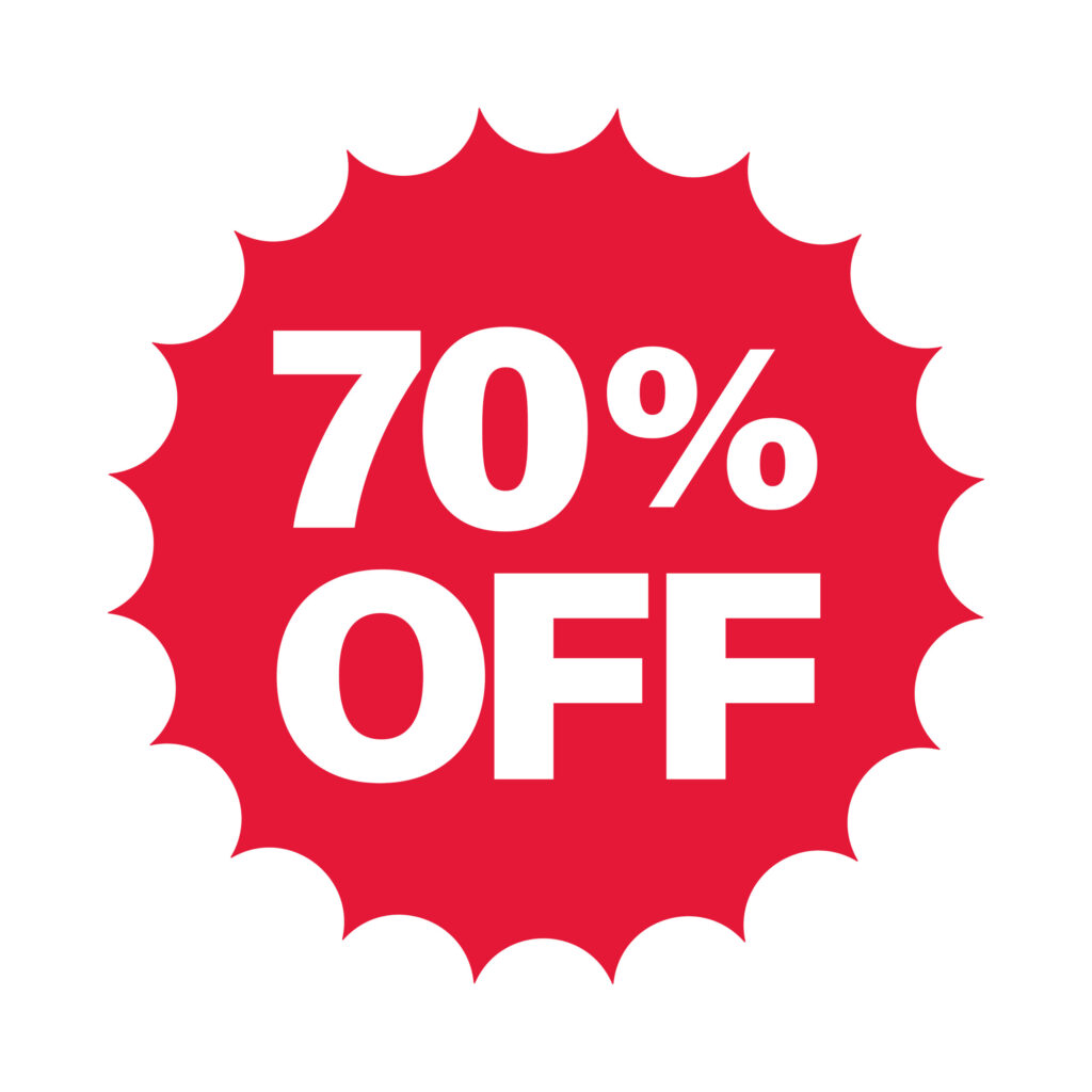 赤い丸型バッジに「70% OFF」と太字で表示されたシンプルな割引表示アイコン。 セールやキャンペーン、プロモーション、店舗POPやECサイトのバナーなど幅広い