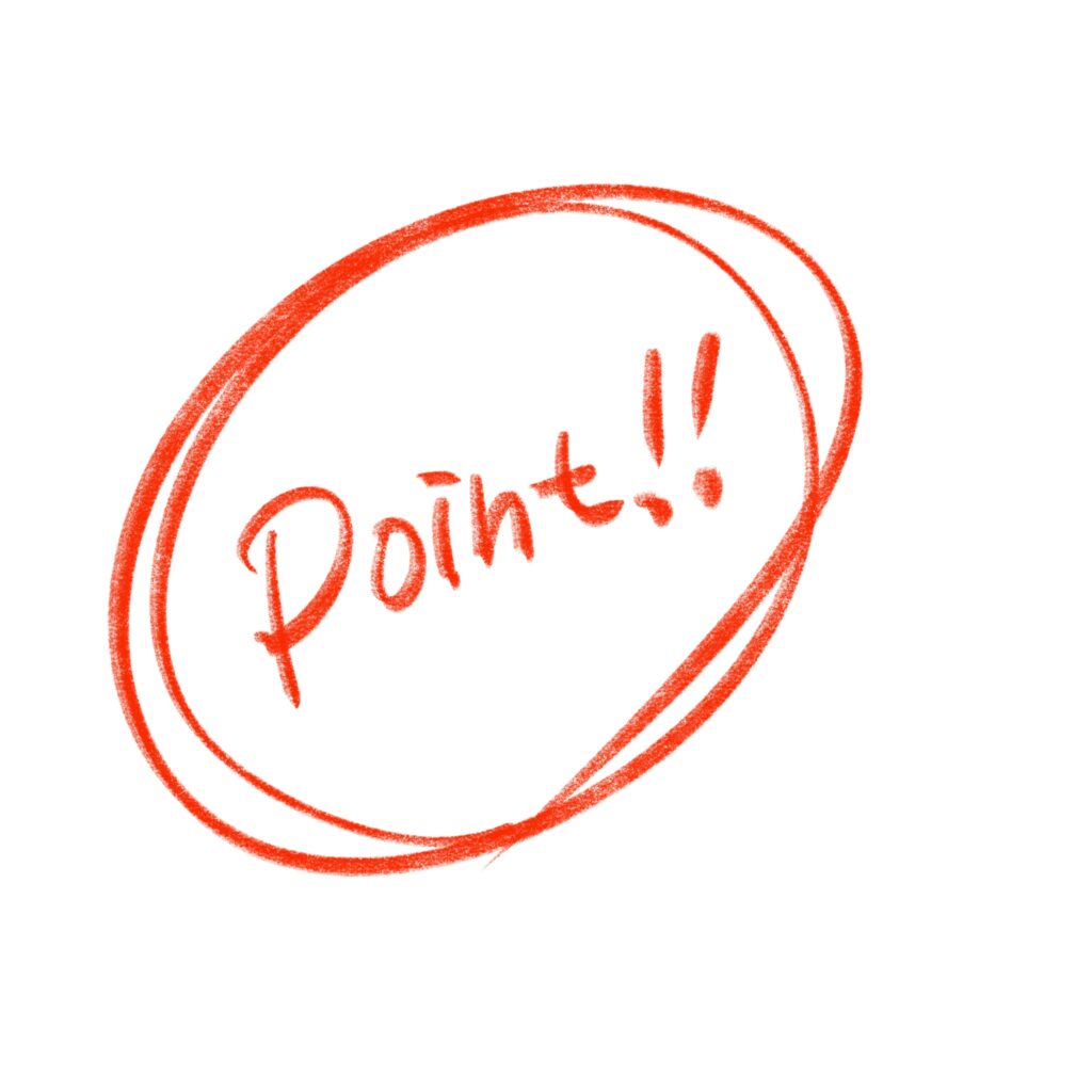描き風の赤いクレヨン・マーカースタイルで「Point!!」と書かれた文字と二重丸を描きました。 注目ポイント・重要事項・メモ・解説・資料・スライド・授業・SNS