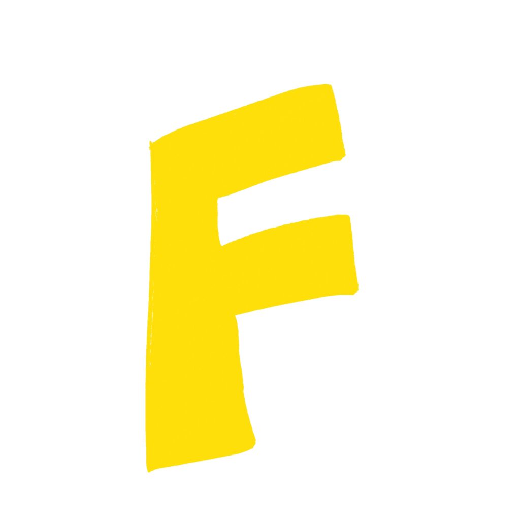 黄色で描かれた手書き風の「F」文字イラストです。 アルファベットデザインやロゴ、タイトル装飾、英字アイコンなどに幅広く活用できます。 明るくポップな印象で、ナチ