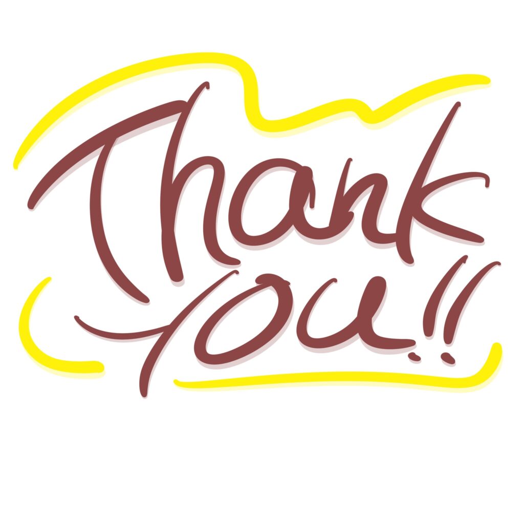 手書き風の筆記体で「Thank you!!」と描かれた文字デザインです。文字はやや太めのブラウンで、背景には明るい黄色のラインがアクセントとして加えられています