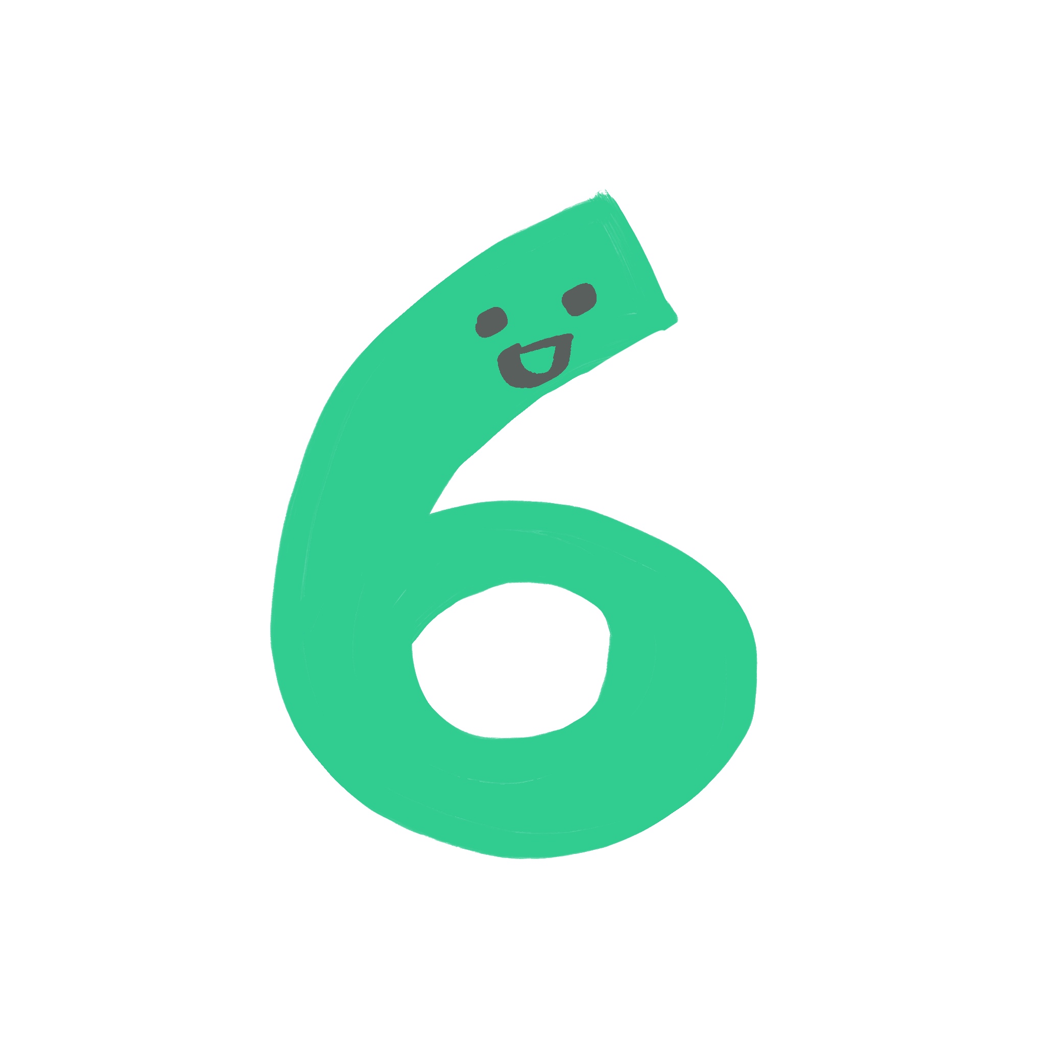 緑がかったエメラルドグリーンで描かれた数字の「6」です。数字の上部に、にっこり笑った顔が描かれており - シムム