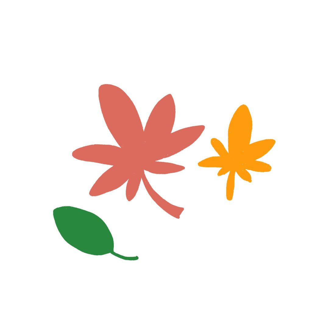 赤や黄、緑の葉を描いた秋のもみじのイラストです。 シンプルな形とやさしい色合いが、ナチュラルで温かみのある雰囲気を演出します。 秋のデザインや季節のグリーティン