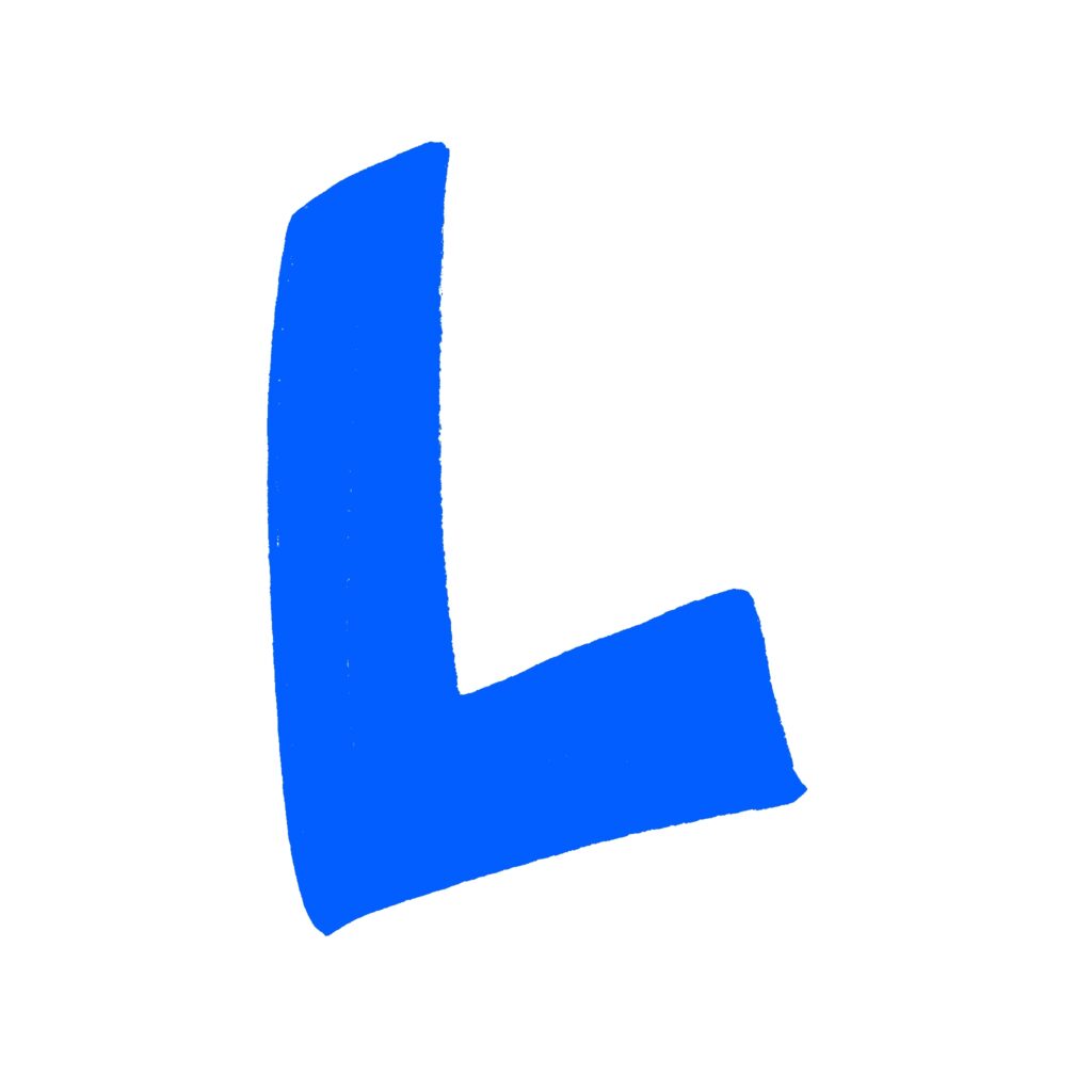 青で描かれた手書き風の「L」文