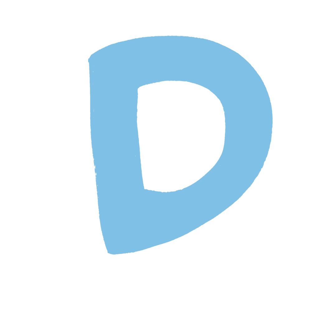 水色で描かれた手書き風の「D」