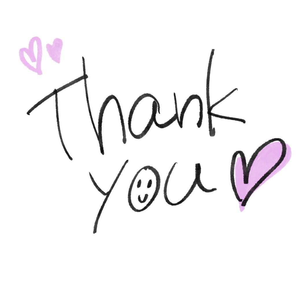 手書き風の筆記体で描いた「Thank you」の文字イラストです。 ハートとスマイルマークが添えられた、やさしくかわいいデザイン。 感謝のメッセージカードやSN