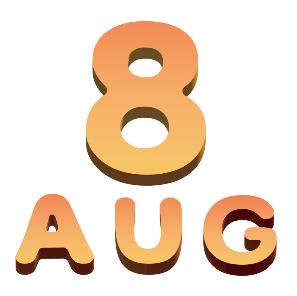 8月（August）の英語の略です。オレンジ系のグラデーションで、夏らしい暖かさを感じるデザインです。チラシやウェブデザイン、SNSのリアクション素材など、さま