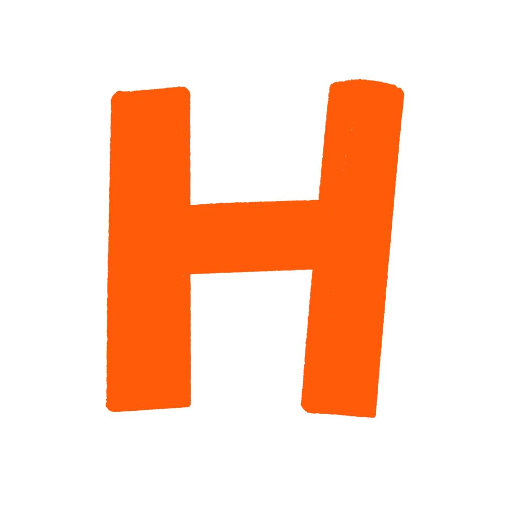 赤で描かれた手書き風の「H」文
