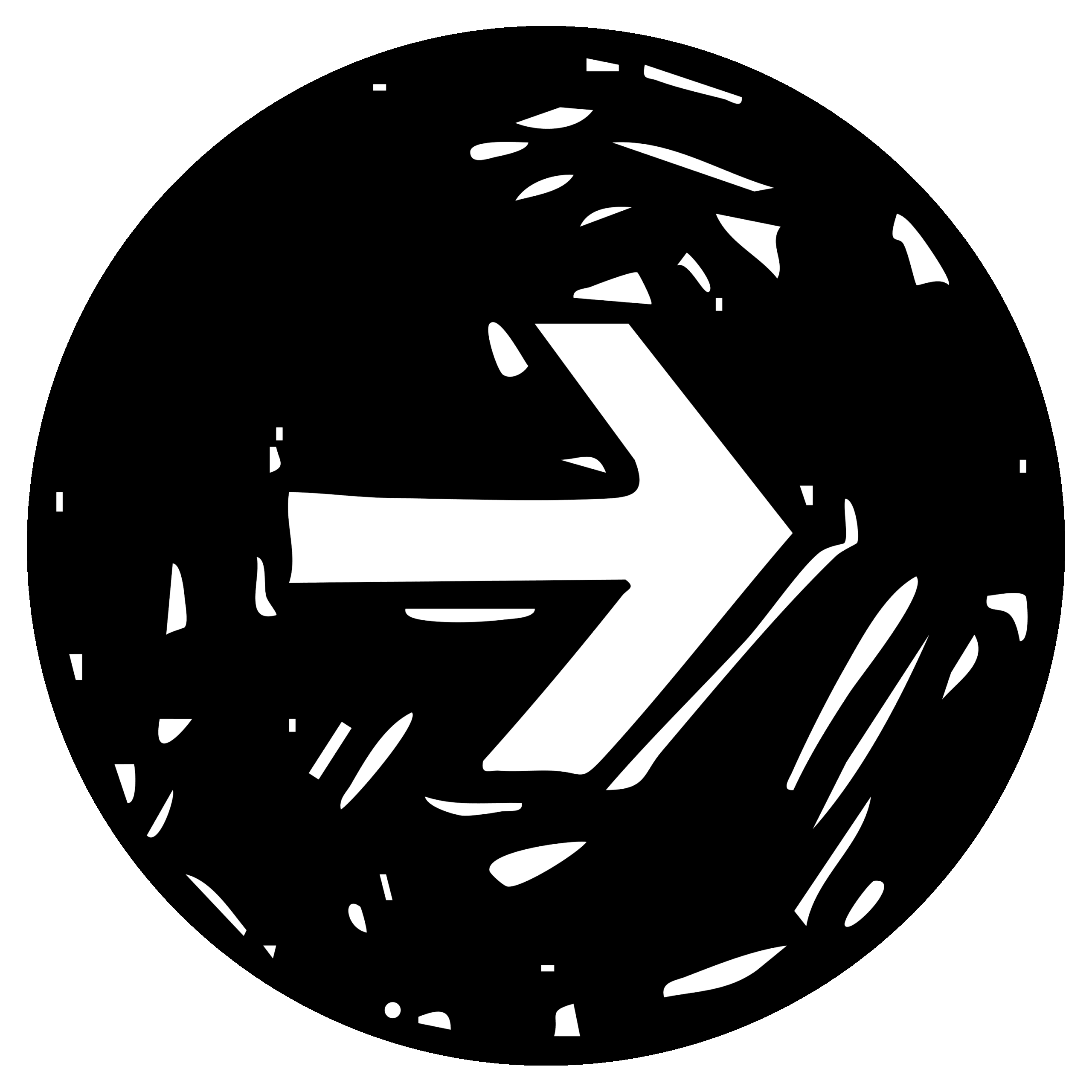 黒い円の中に白い矢印が描かれた、手描き風でラフな質感のアイコン。進む、次へ、GOなど、方向や流れを示 - シムム