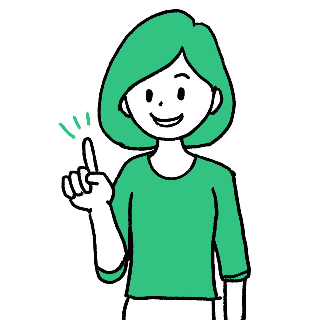 シンプルな線画で描かれた女性が、人差し指を立てて説明しているイラストです。 「ポイント」「ここが大事」「おすすめ」などの見出しや、資料・ブログ・チラシのアイキャ