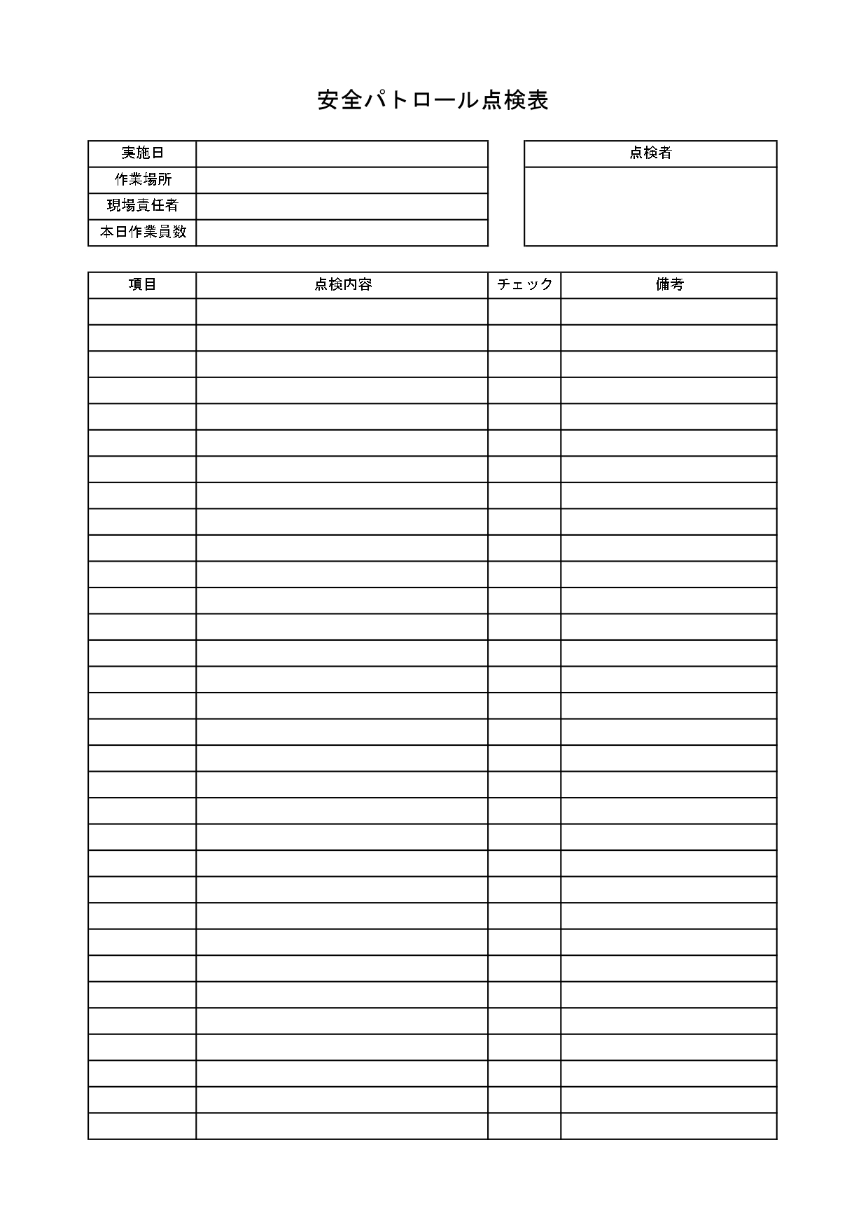 「安全パトロール点検表」無料テンプレート・工場、電気工事、製造業、建設業で使いやすいフォーマット！ 工場、電気工事、製造業、建設業などの作業現場の安全管理のため