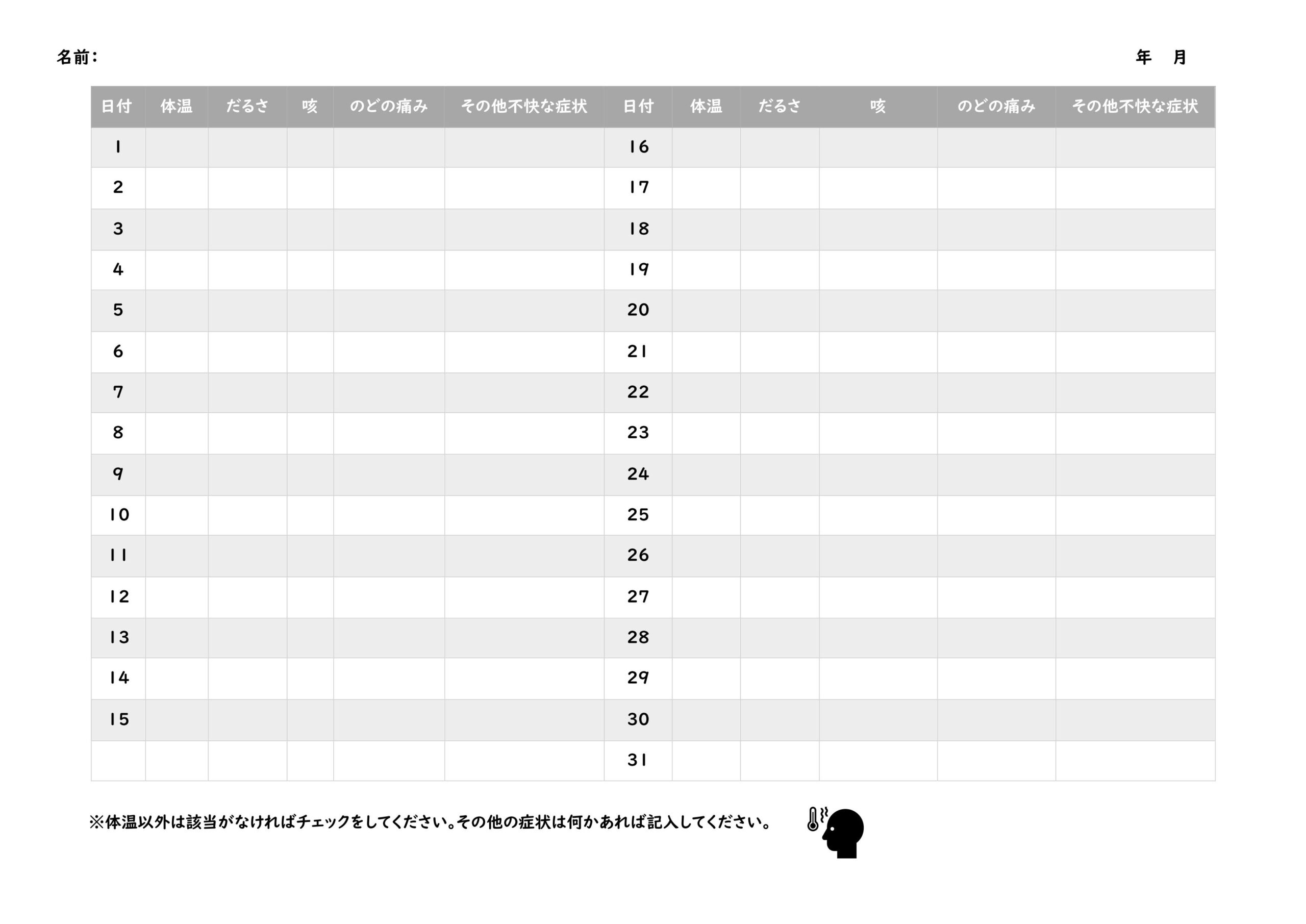 自宅療養中におすすめの「健康管理シート」毎日の体温と健康状態のチェックリスト！無料テンプレート コロナウイルス感染症陽性者など自宅療養中やホテル療養中に使える、