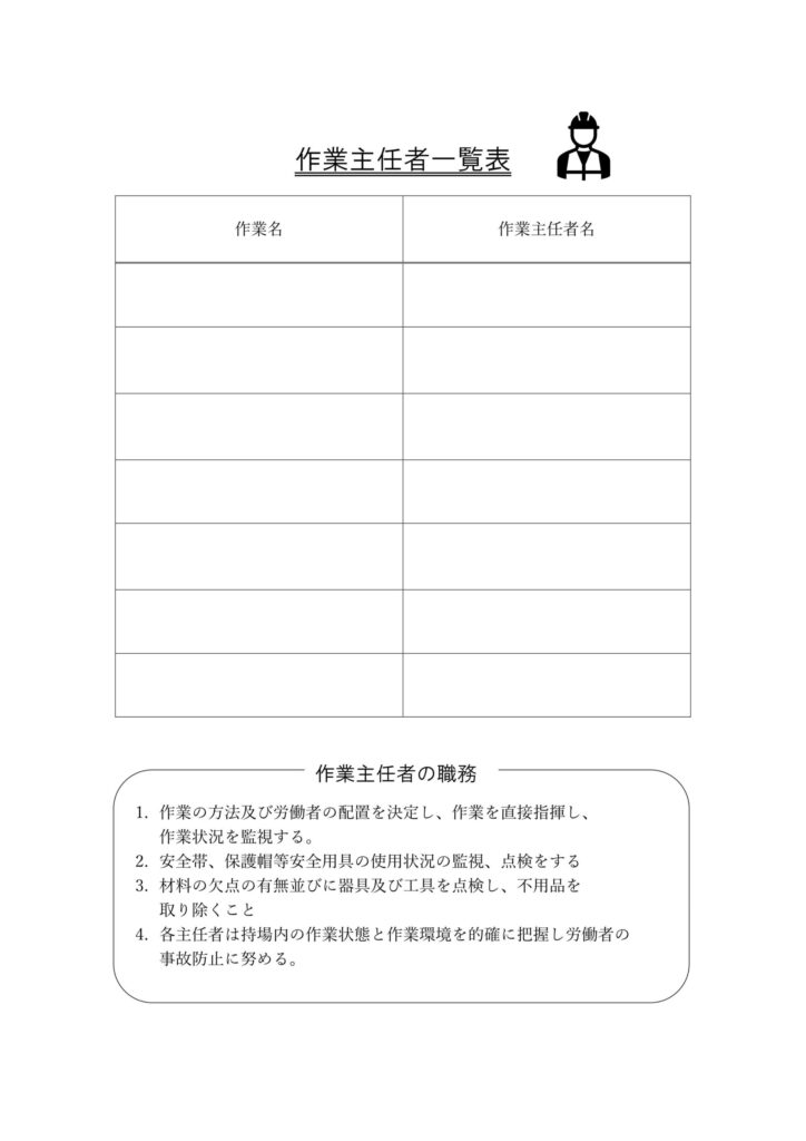 製材所で使える「作業主任者一覧