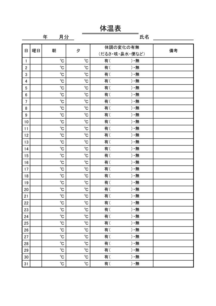 毎日の検温チェックに使える1ヵ