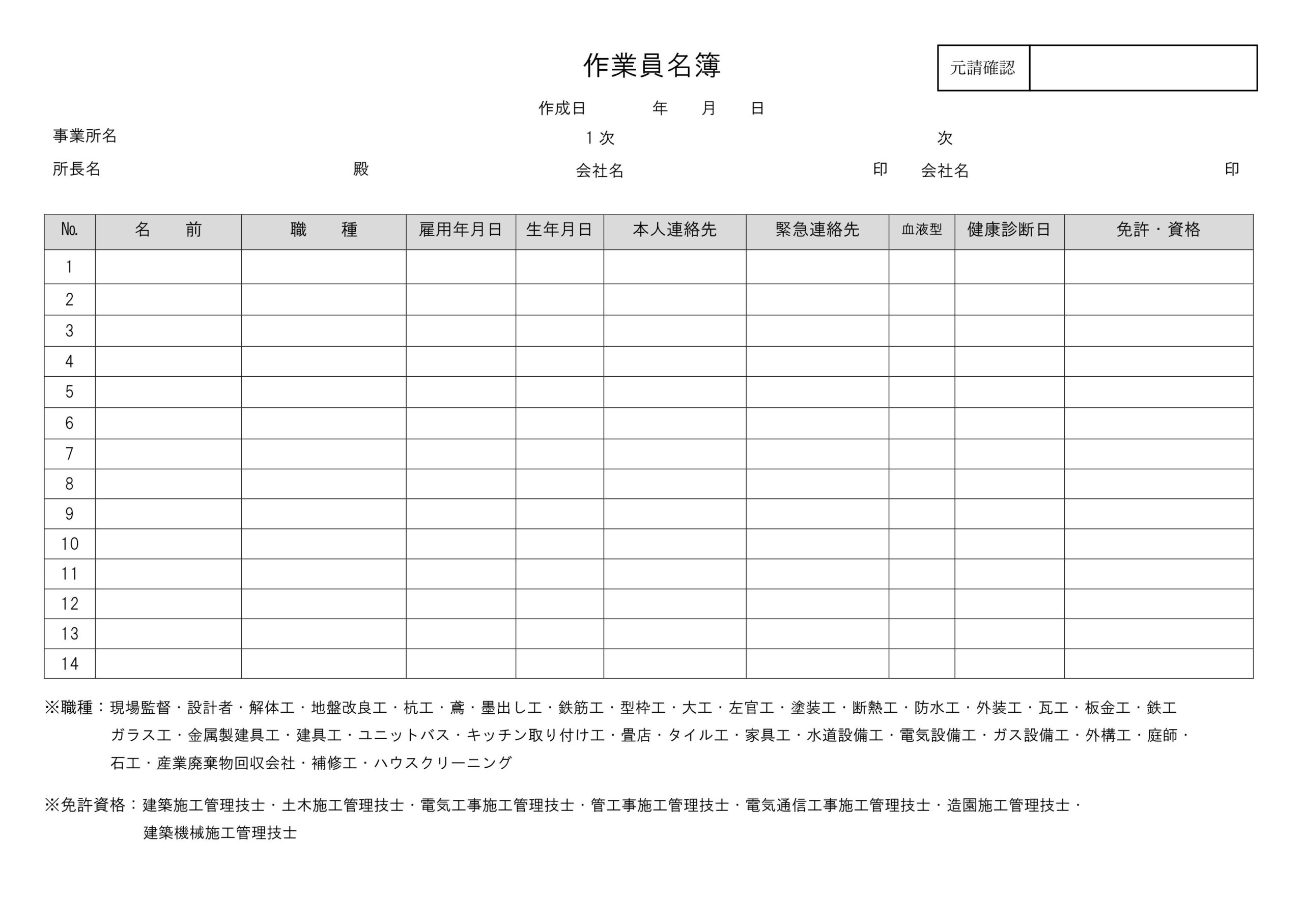 Excel、Wordで作れる建築関係業界向け「作業員名簿」の無料テンプレート！住所不要で書き方簡単＆おすすめ！ ExcelやWordで作成ができる作業員名簿のテ