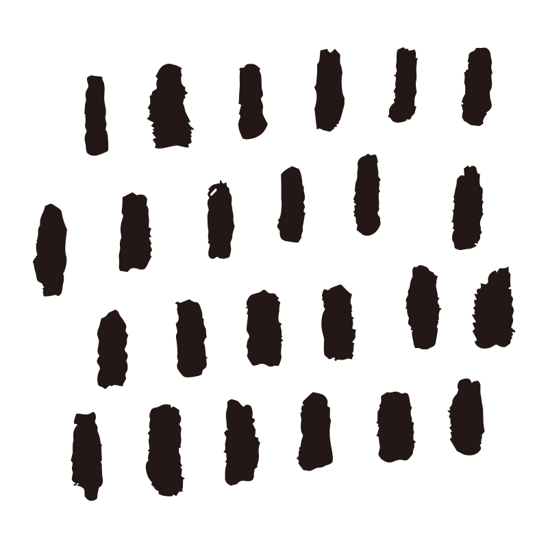 不規則なドットが縦に並んだ、リ