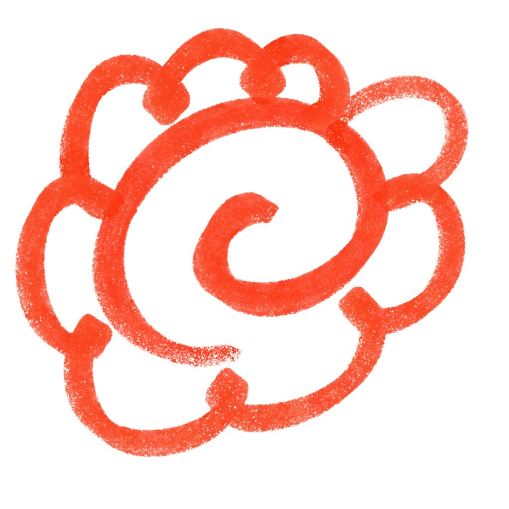 赤いクレヨンで勢いよく描かれた