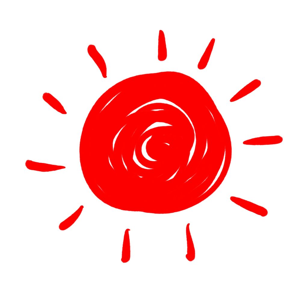 力強い赤色で描かれた太陽をモチ