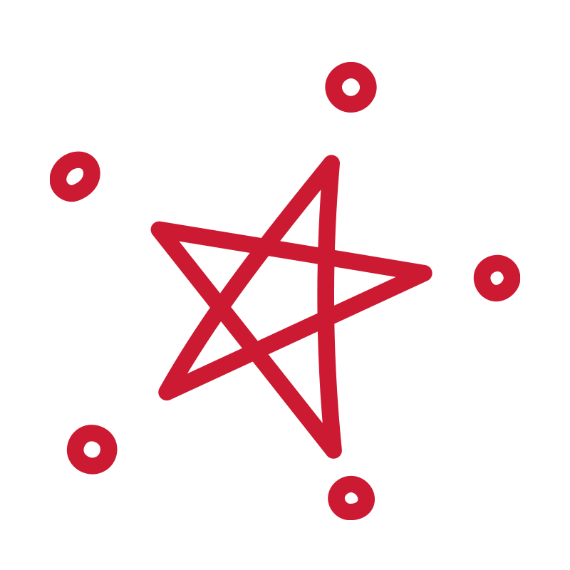 手書きの赤い星の周りに小さな丸