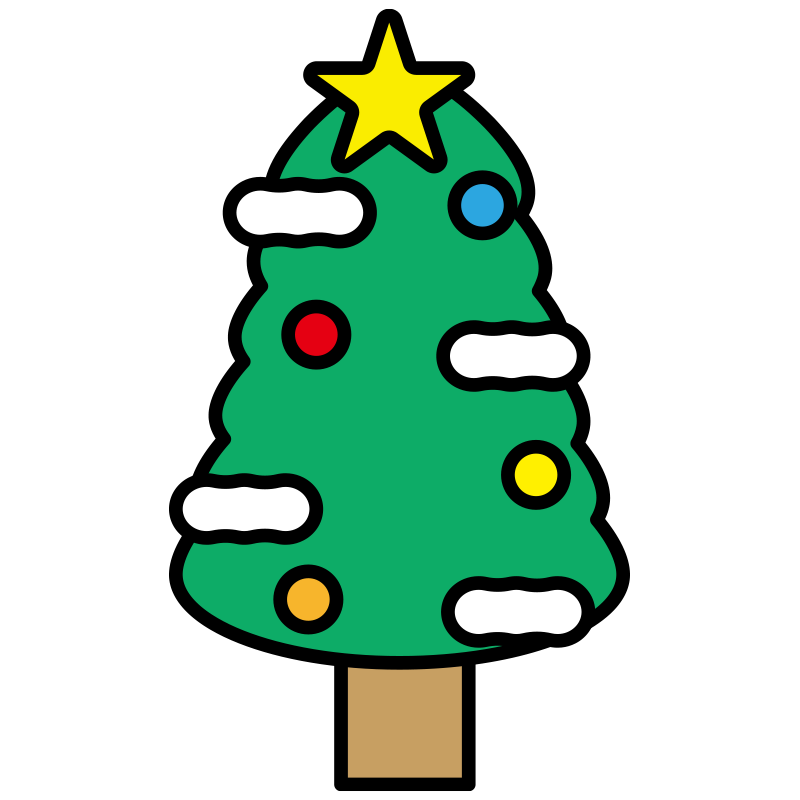 カラフルなオーナメントと雪の飾