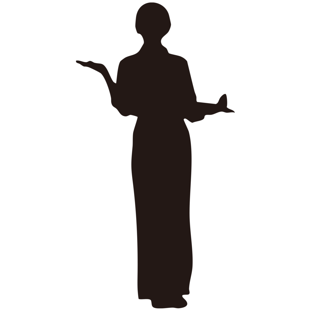 両手を広げて案内や説明をしてい