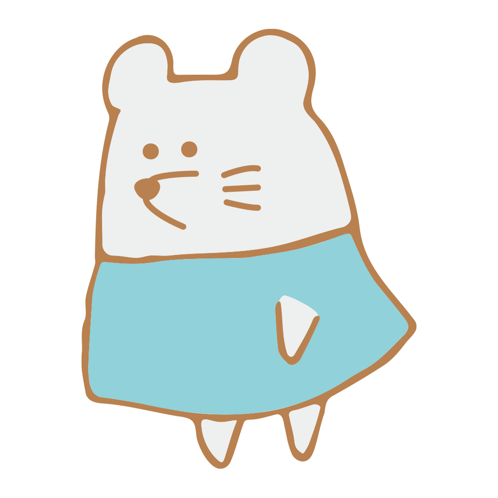 白い体のネズミが水色のワンピー