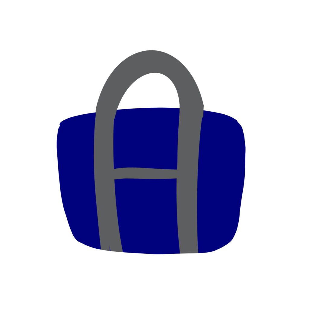 青色のバッグを、丸みのある形と